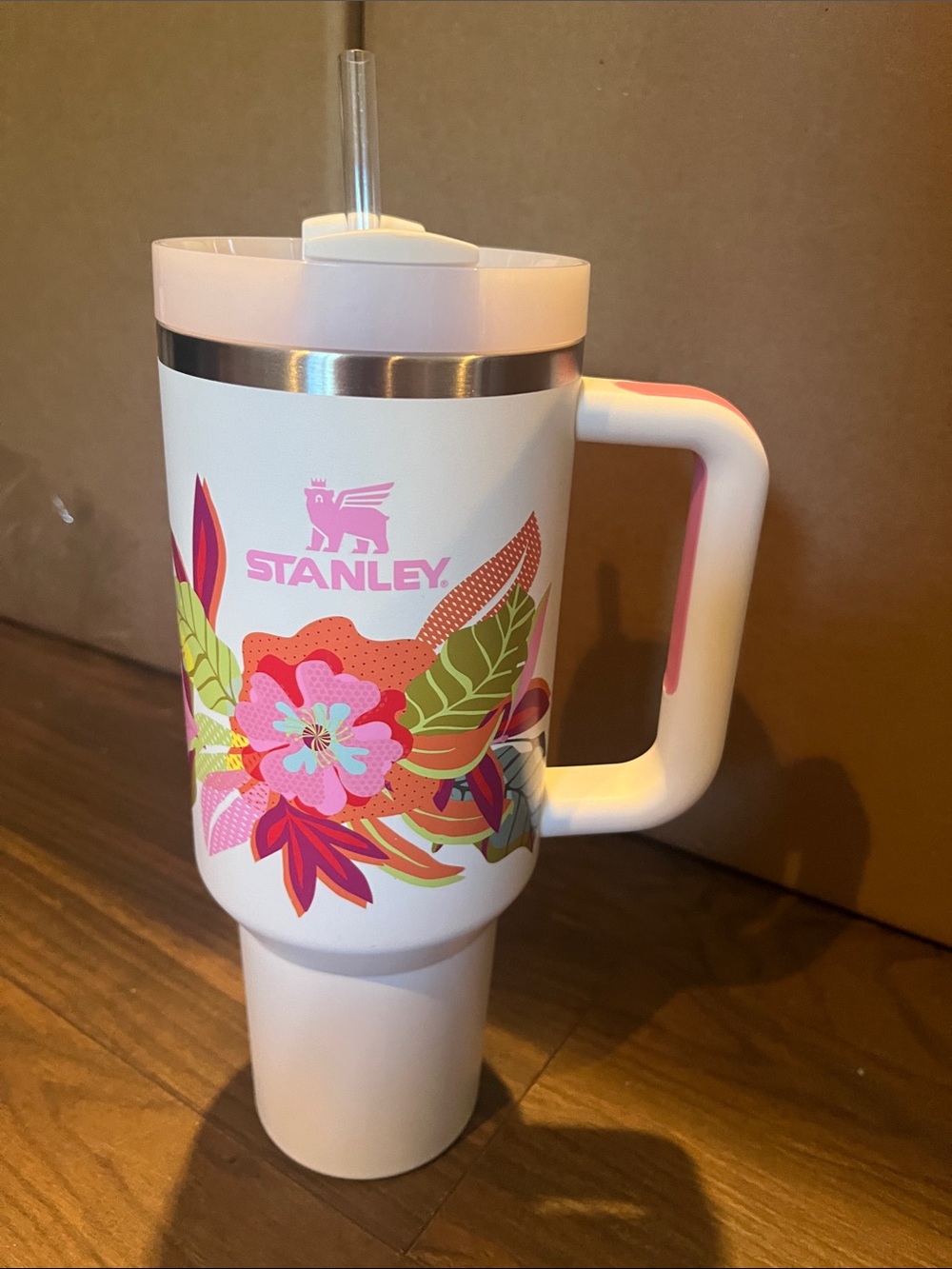 Stanley White Insulated Travel Tumbler with Pink Floral Design